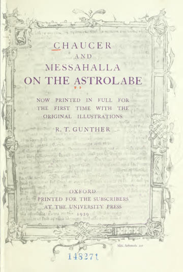 Chaucer and Messahalla on the Astrolabe