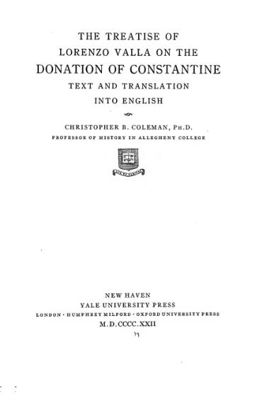The Treatise of Lorenzo Valla on the Donation of Constantine